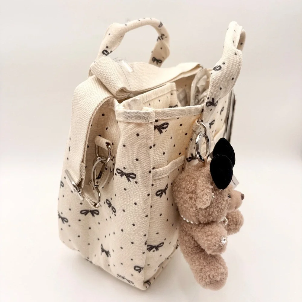 Madden Girl Carry It All Canvas Tote Bag Bow Polka Dot Cream Black Teddy‎ Charm